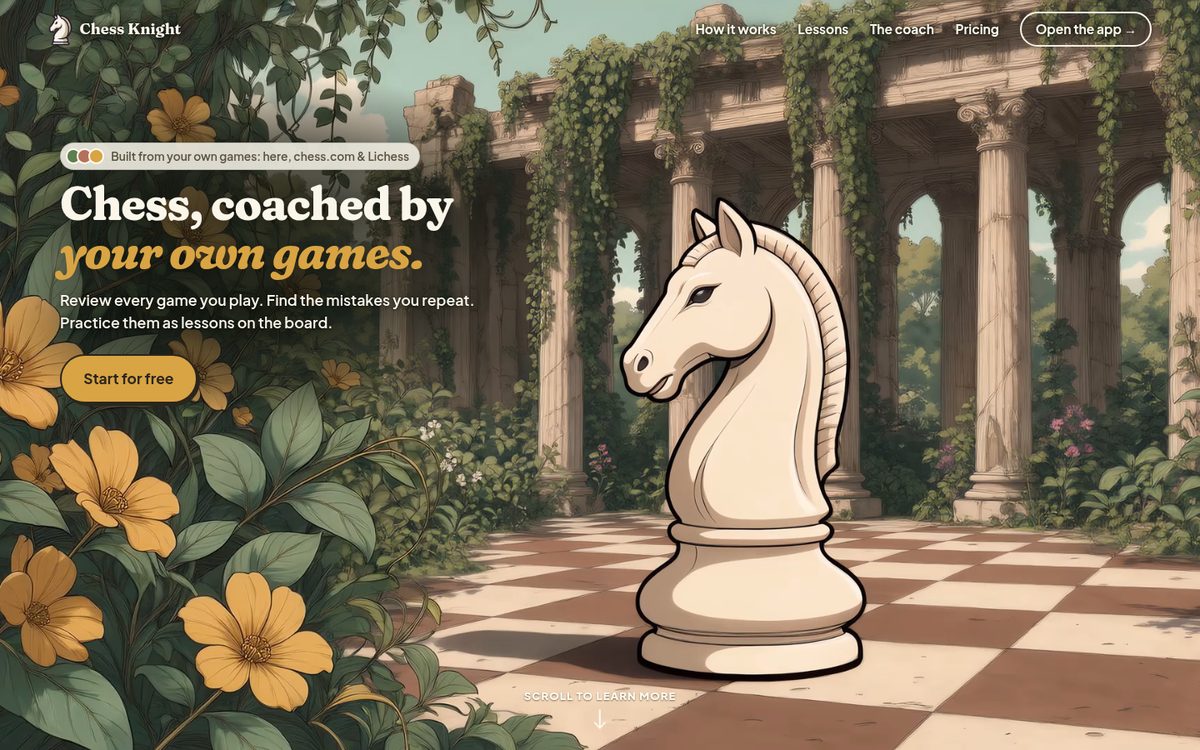 The Chess Knight homepage: Chess, coached by your own games, with a white knight on a garden chessboard